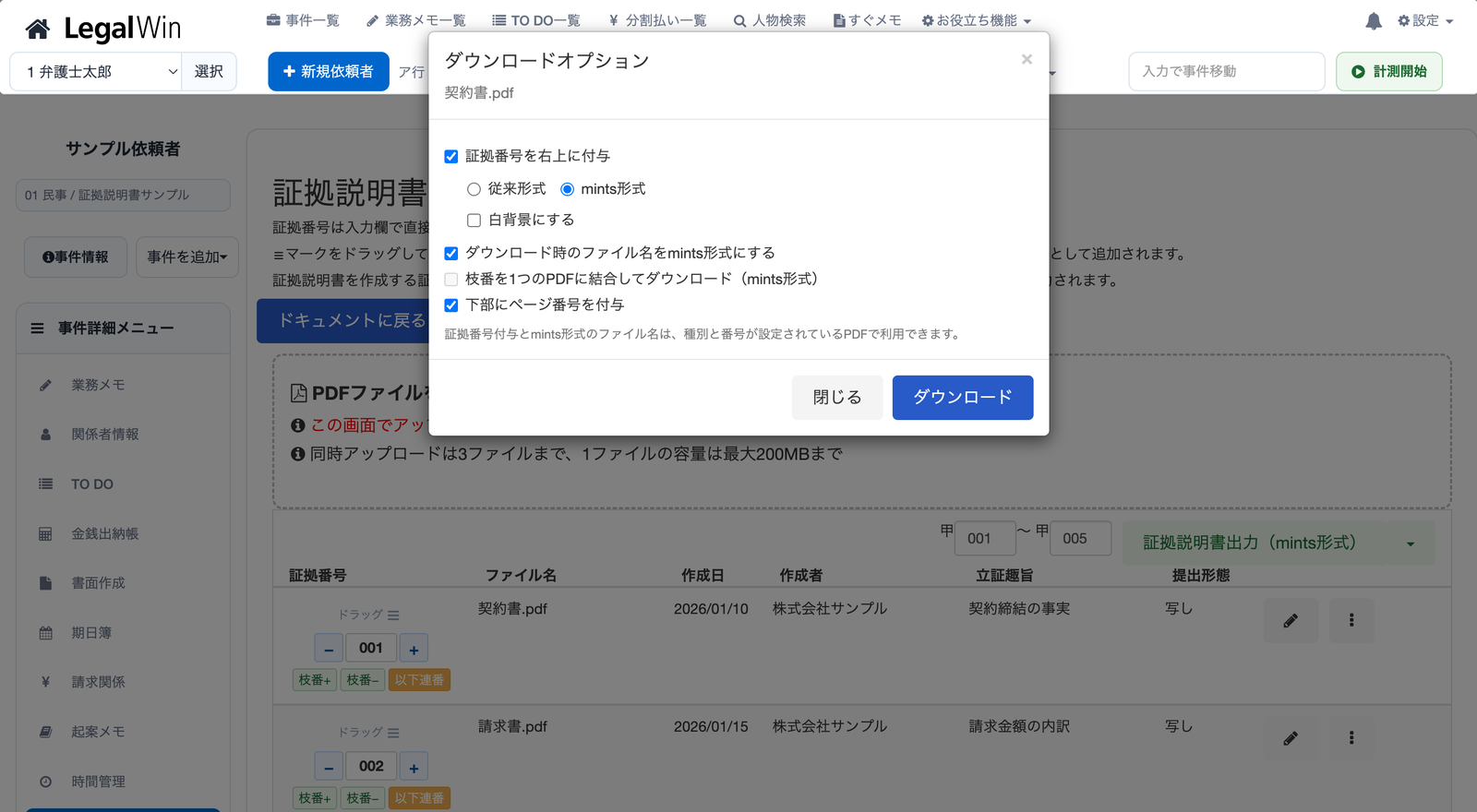 ダウンロードオプションでmints形式の証拠番号、mints形式のファイル名、ページ番号付与を選択する画面