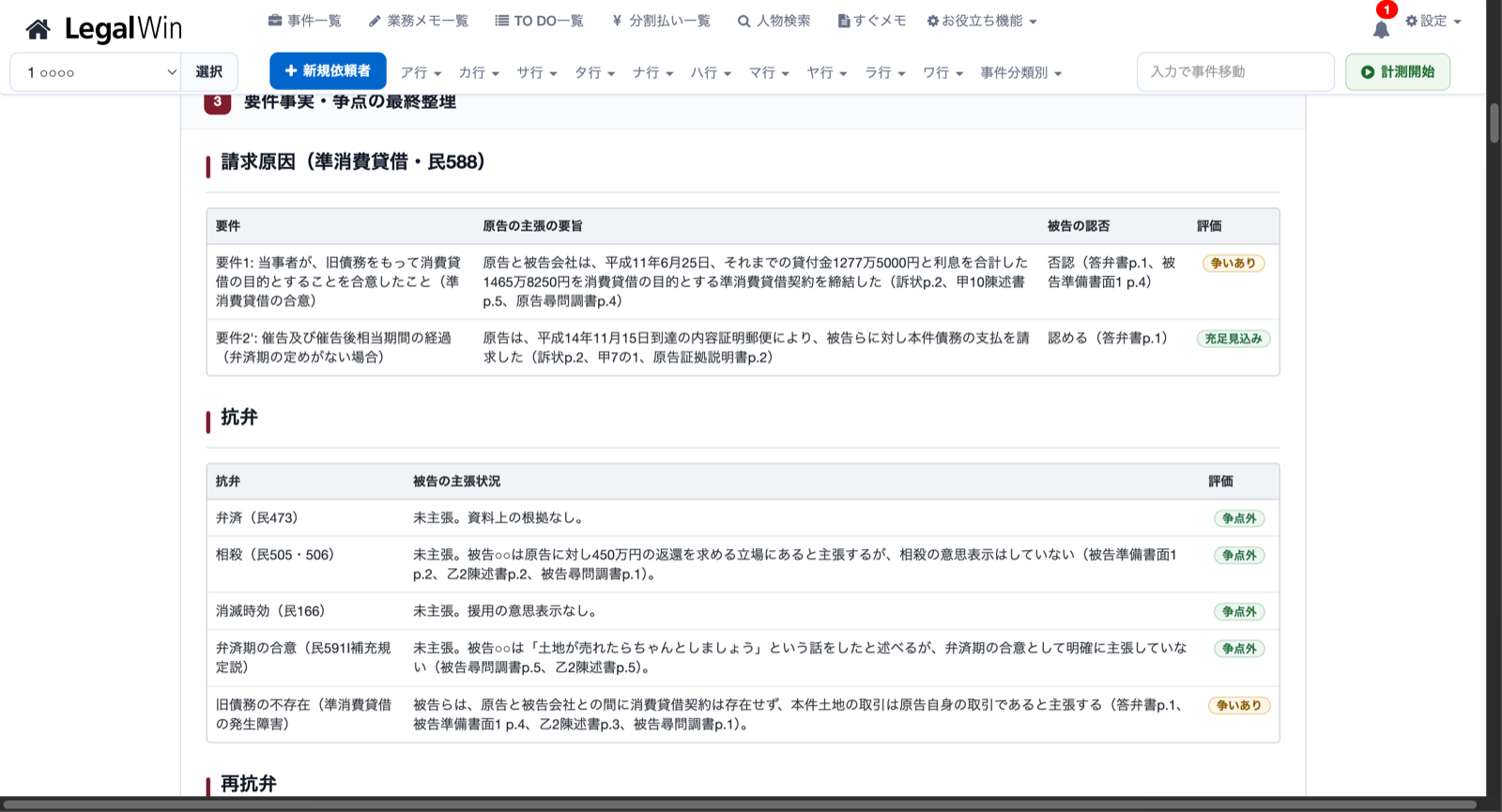 要件事実・争点の整理表。請求原因の要件ごとに主張・認否・評価が並ぶ