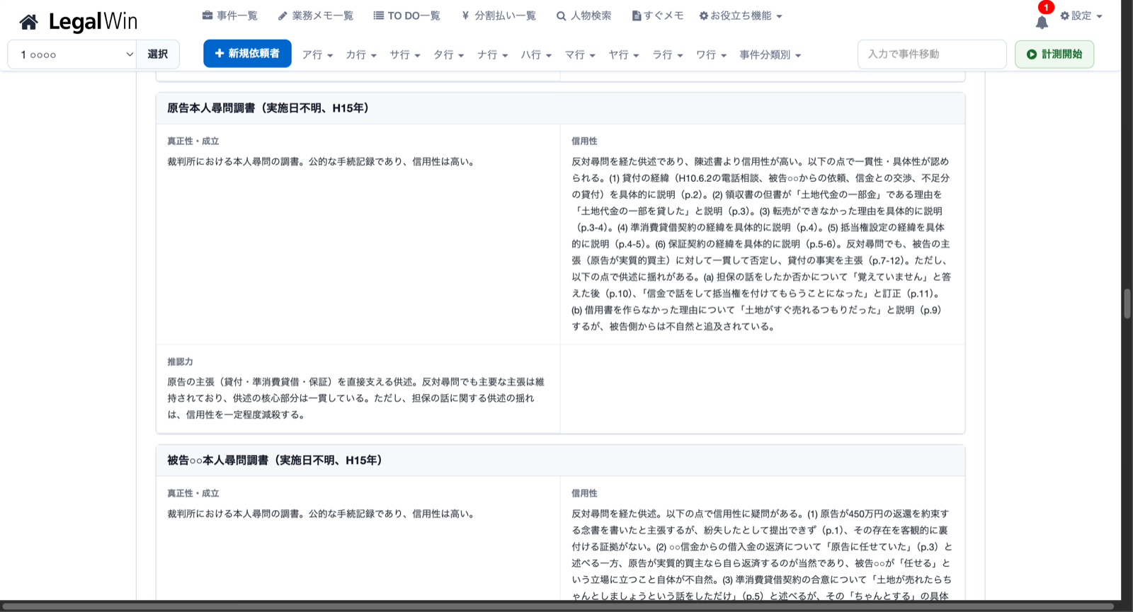 本人尋問調書の評価。供述の一貫性や揺れがページ番号付きで整理される